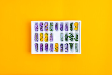 Ice cubes with yellow and purple flowers in a tray in the center of the frame on a yellow background.