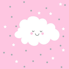Cute Kawaii cloud with stars. Vector illustration.