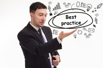 Business, technology, internet and network concept. Young businessman thinks over the steps for successful growth: Best practice