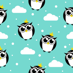 Seamless vector pattern with owls and clouds on blue background. Childish background for postcards, wallpaper, papers, textiles.