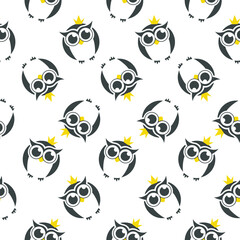 Seamless vector pattern with owls princess  and stars on white background. Childish background for postcards, wallpaper, papers, textiles.