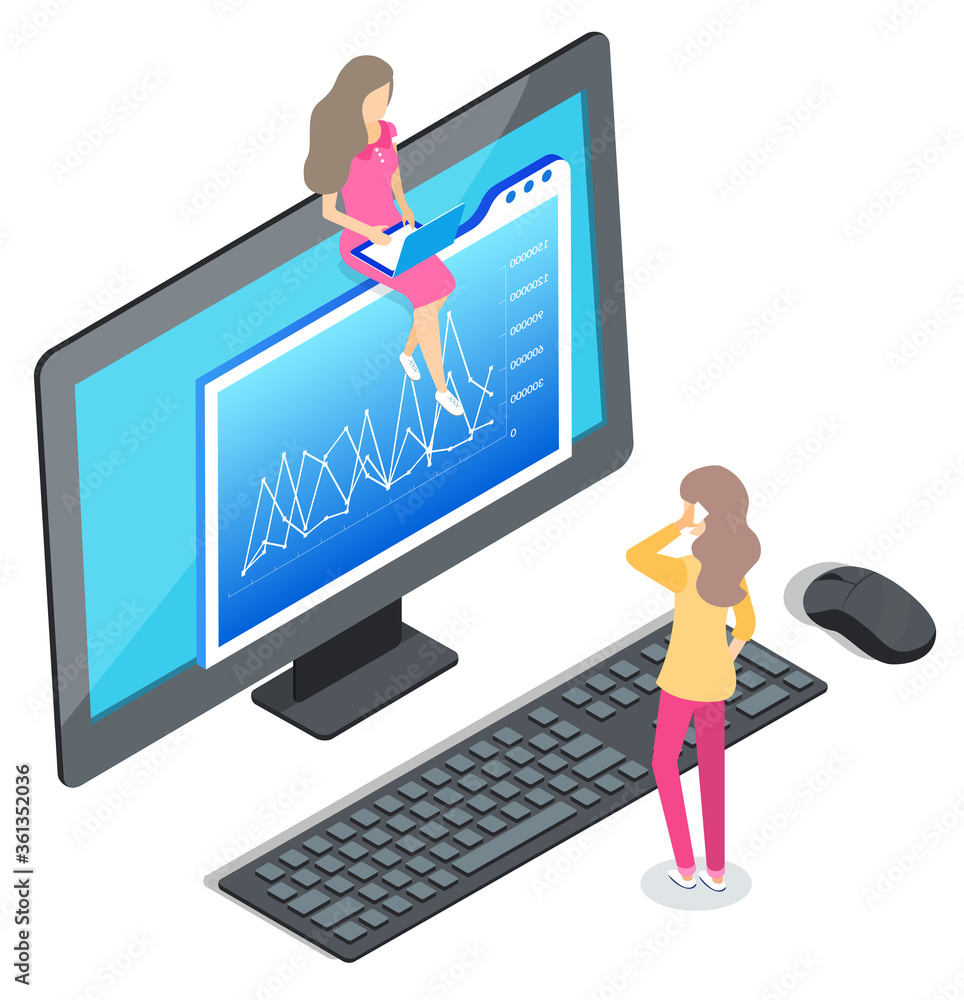Poster digital marketing specialists communicating with wireless device and graph report. women working wit