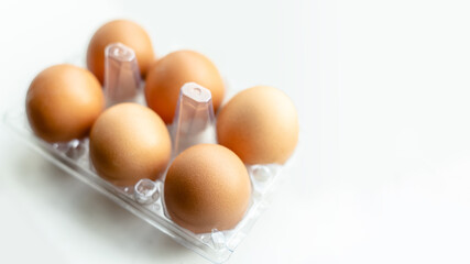 tray with chicken eggs on a light background, copy space