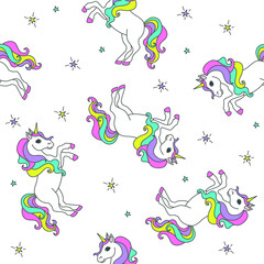 Seamless pattern with unicorns, stars . Cartoon background for baby textiles. Vector illustration.