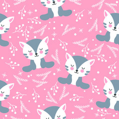 Fototapeta na wymiar Seamless pattern with kittens, stars. Children cartoon background.
