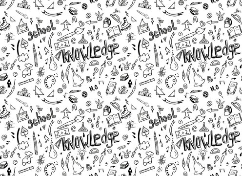 Sketchy School doodle hand drawn elements seamless pattern. Illustration for books, notebook, bag.
