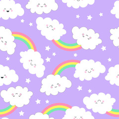 Seamless pattern with cute kawaii clouds, stars,  and rainbows. Vector illustration.