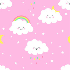 Cute kawaii clouds and rainbow seamless pattern. Vector illustration.