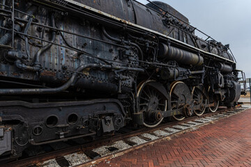 Detailed photograph of steam era locomotive. 