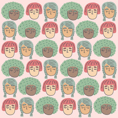 Women empowerment movement pattern. International women's day graphic. Trendy hipster background. Flat cartoon illustration. Women of different races.