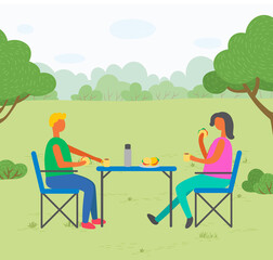 People eating by table in park vector, flat style character having meal in forest. Picnic for two personages, male and female with tea and fastfood. Camping man and woman, traveling together