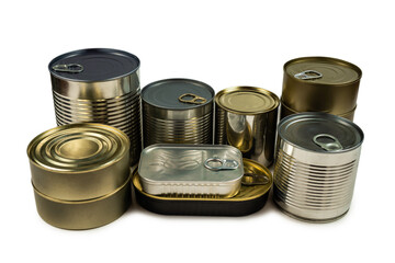 Mix of cans isolated on white background.