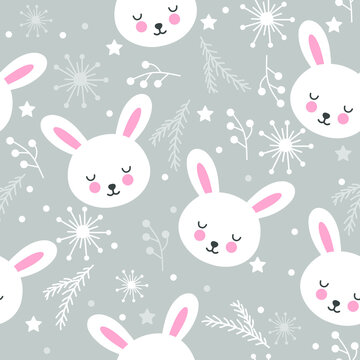 Seamless pattern with cute rabbits on a gray background with sprigs and snowflakes.