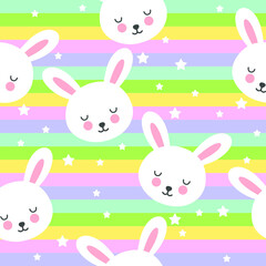 Seamless pattern with cute bunnies on a rainbow background.