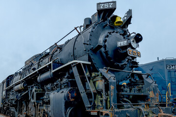 Obraz premium Detailed photograph of steam era locomotive. 