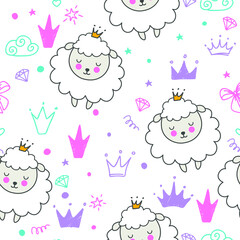 Seamless pattern with cartoon sheep princesses, clouds,crowns and stars. Vector illustration drawn by hand.
