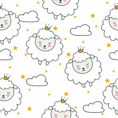 Seamless pattern with cartoon sheep princesses,  stars. Vector illustration drawn by hand.