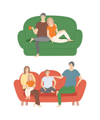 People at home spending time together vector, man and woman on sofa couple relaxing. Family consisting of father, mother and children on furniture