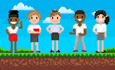 Group of man and woman characters standing on grass, portrait view of smiling superheroes, pixel game, team on adventure platform, choose hero in pixelated 8 bit games vector