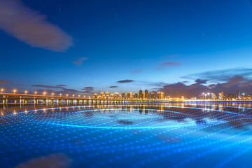 Xiamen blue tone skyline synthesized by particle lines