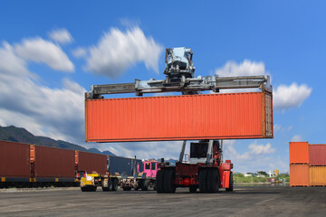Container manipulation by Forklift lifting container, Container lift with shipping container in port