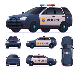 Police car set. Patrol official vehicle, cop automobile chase and pursuit criminals. View front, rear, side, top.