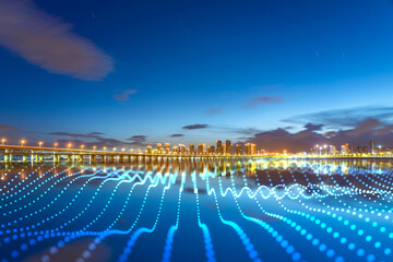 Xiamen blue tone skyline synthesized by particle lines