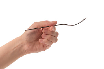 Fork in woman hand isolated on white.
