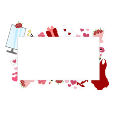 Fashion frame. Bouquet, party, dessert, mirror, hearts, dress, shoes, make up. Vector illustration