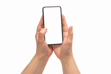 Smart phone in man hand isolated on white background.  White screen.