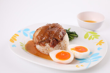 stewed pork leg with rice local Thai food street food isolated in white background