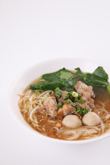 Local Thai food , Noodle with meat ball and pork isolated in white background