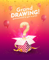 Winning gifts lottery vector illustration. Grand drawing. Open textured box with golden question mark and confetti explosion off and on bright background. - obrazy, fototapety, plakaty