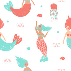 Cute seamless sea pattern. Mermaids,  starfish, waves, shells.