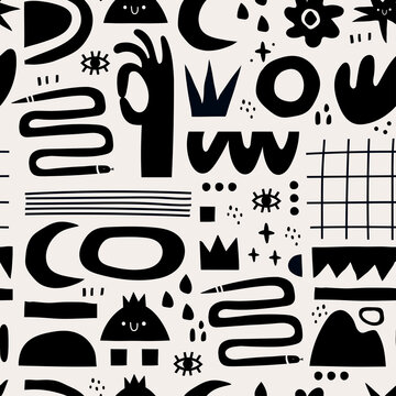 Hand drawn various Shapes and Doodle objects. Abstract contemporary modern trendy Vector illustration. Repeating Seamless Pattern. Background, Wallpaper. Black monochrome concept. Dark theme