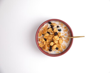 Cereal dessert with corn oat and dry fruits isolated in white background