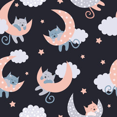 Cute seamless pattern with cats on the moon.