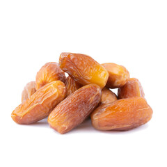 Isolated group of dried sweet deglet nour date fruites in translucent bowl and dark blue...