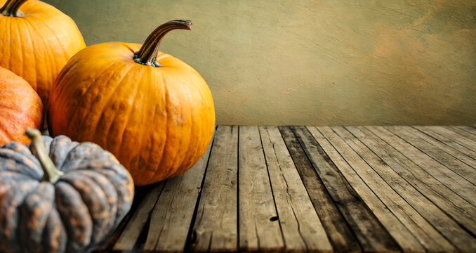 Autumn pumpkins still life on vintage wooden table and rustic background. Thanksgiving family dinner greeting card design. Halloween pumpkin decoration border