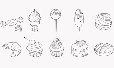 Black and white set of linear desserts: candy, ice-cream, lollipop, marshmallows, croissant, cupcake with cherry, cream cupcake, donut, strawberry cake. Minimalism.