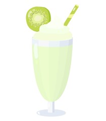 Cup of green milkshake with cream and kiwi on top. Flat vector illustration isolated on white background for cafe, restaurant or menu.