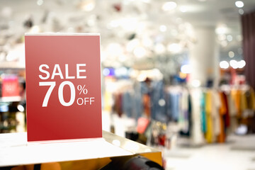 Sale label stand template on shelve in clothing store for sale promotion and discount information for Black Friday and Holiday season sale. Banner template mockup. Discount Sale 70% red sign.