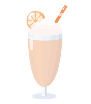 Cup of orange milkshake with cream and orange on top. Flat vector illustration isolated on white background for cafe, restaurant or menu.