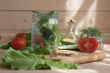 fresh vegetables in a glass jar