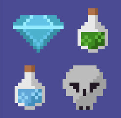 Pixel icons of 8 bit game vector, isolated diamond treasure brilliant and skull, bottles with potions for curing or dying, potions in containers flat style