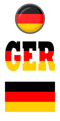 Set of icons of the German flag on a white background. Vector image: German flag, button and abbreviation. You can use it to create a website, print brochures or a travel guide.