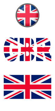 Set of UK flag icons on a white background. Vector image: UK flag, button and abbreviation. You can use it to create a website, print brochures or a travel guide.