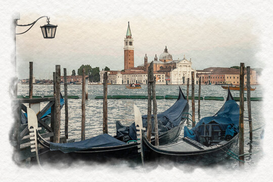 Waretcolor stylization of venetian gondolas floating on the water in lagoon on San Giorgio island background, Venice Italy. Postcard design