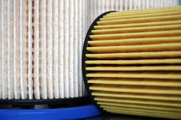 Group of new quality filters close-up. Auto parts, car service, repair.