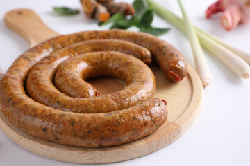 Local Northern Thai food , Northern Thai spicy sausage street food isolated in white background